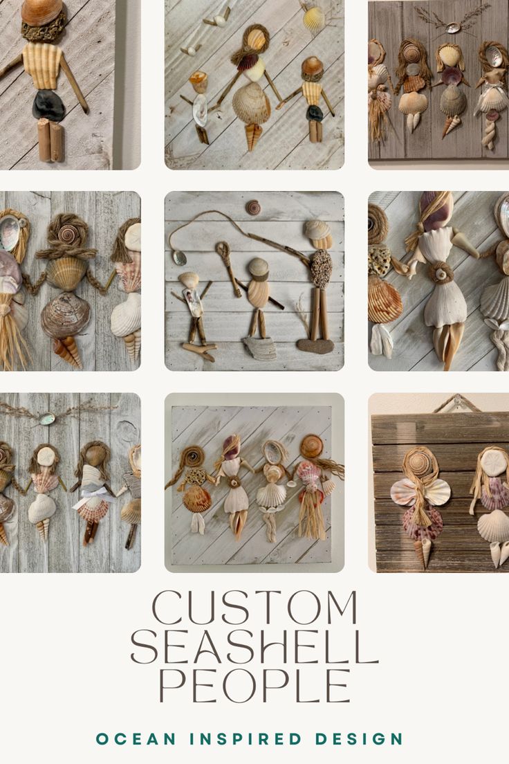 the cover of an ocean inspired design book, featuring sea shells and wooden doll figurines