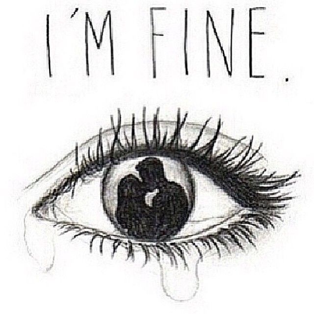 an eye with the words i'm fine written on it and a drawing of a man kissing a woman