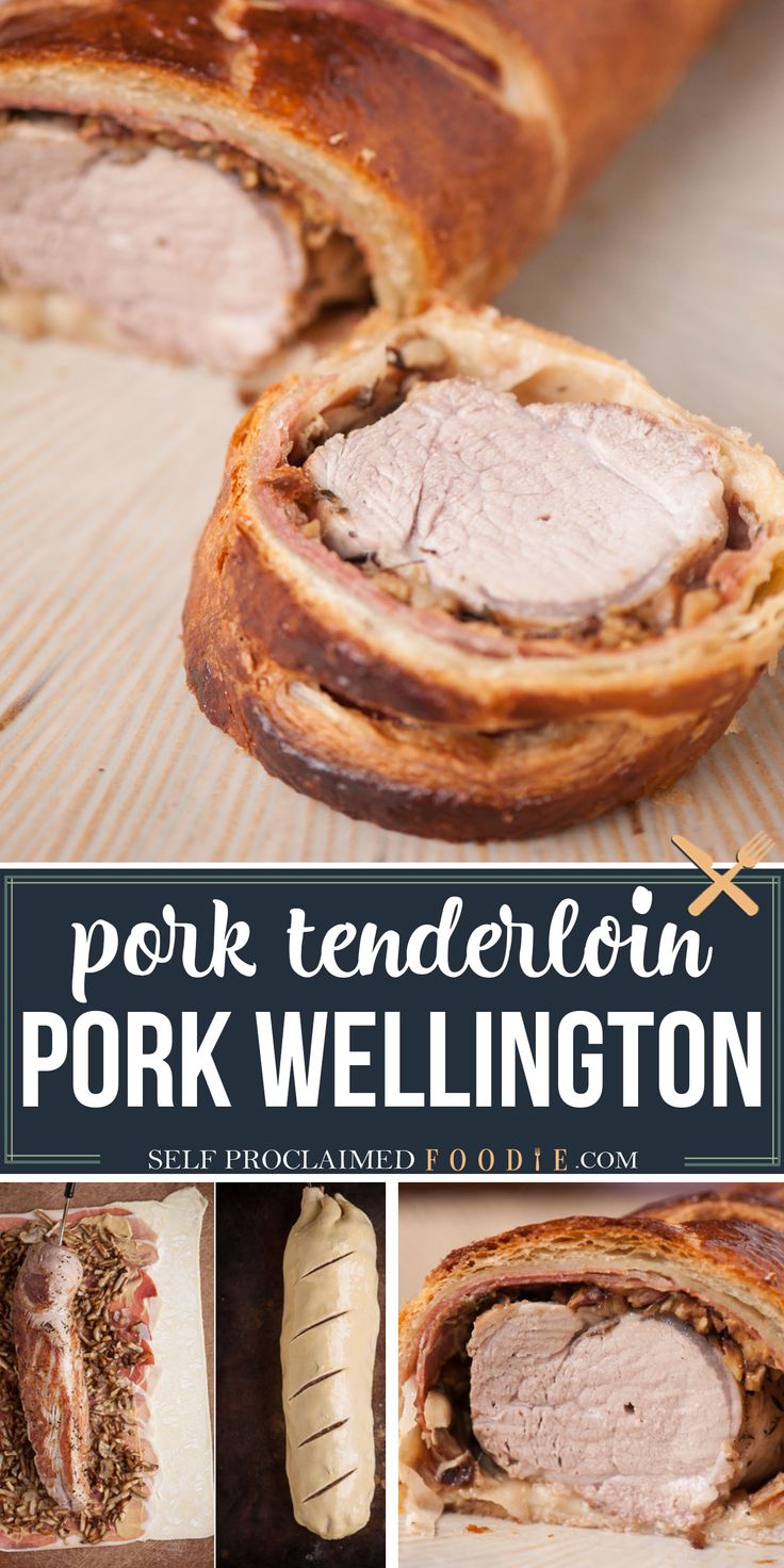 the pork wellington is cut in half and ready to be eaten with other meats