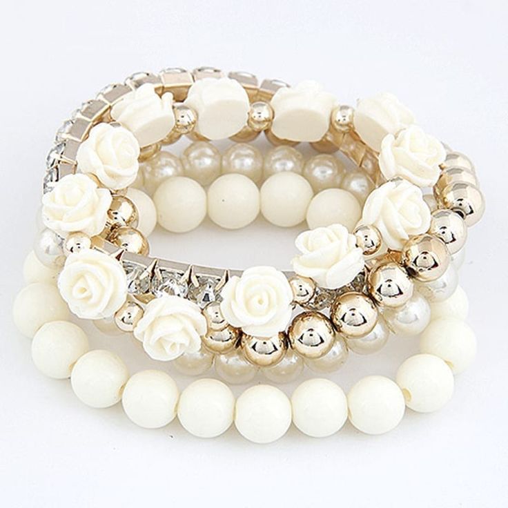 Costume Jewelery, Rose Bracelet, Pearl Bangle, White Bracelets, Elastic Bracelet, Charm Bangle, Bracelets For Women, Bangle Set, Rhinestone Bracelet