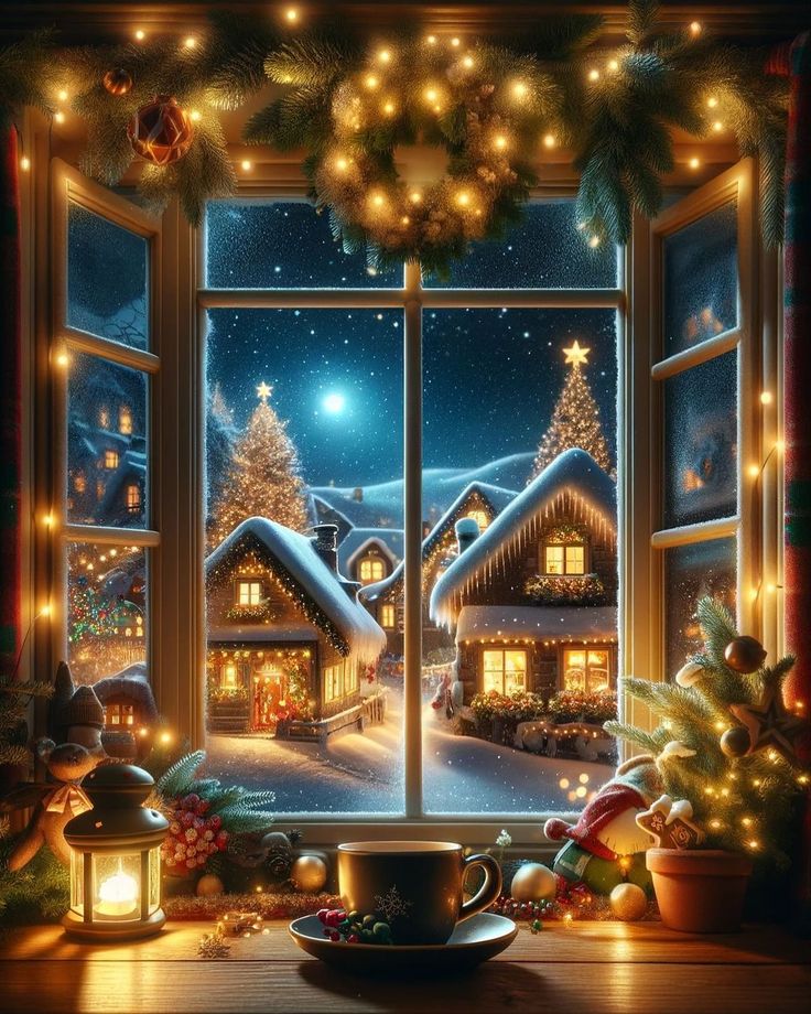 an open window with christmas decorations and lights on the windowsill, looking out onto a snowy village at night