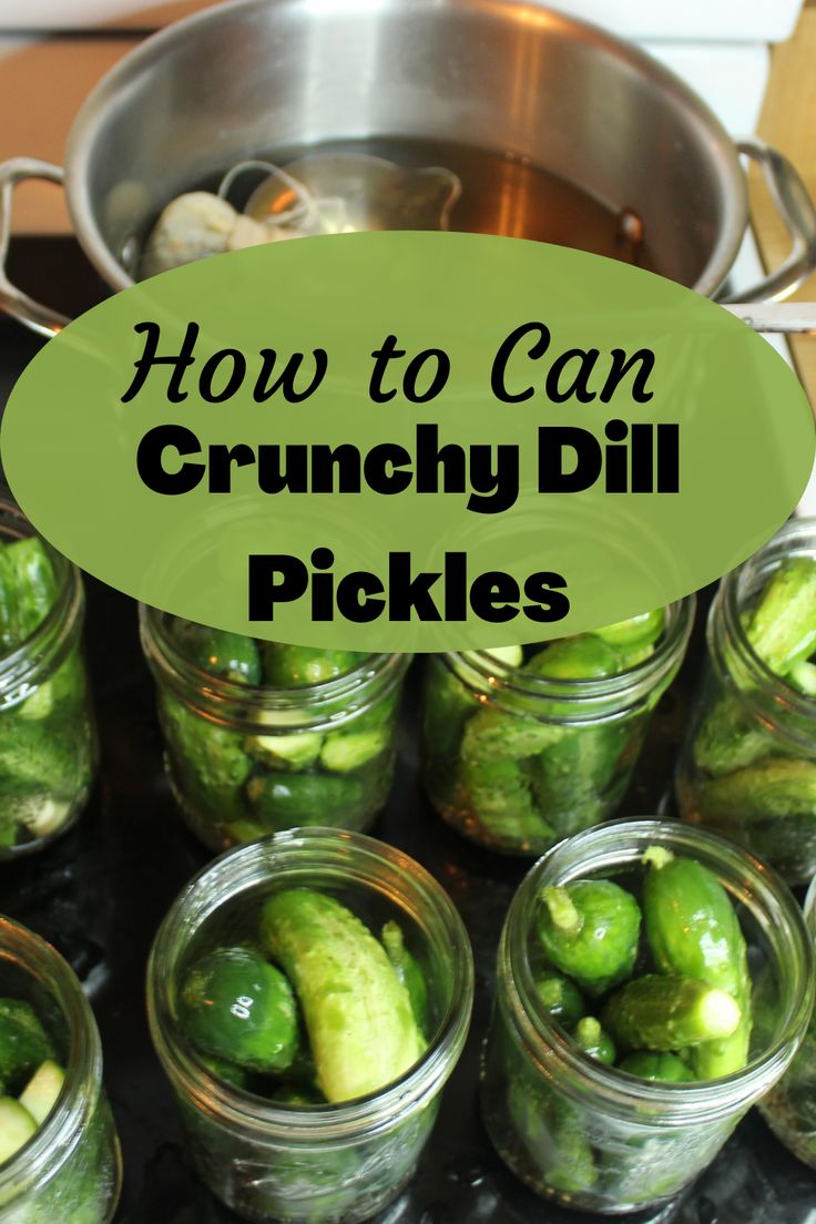 pickles in jars with the words how to can crunchy dill pickles