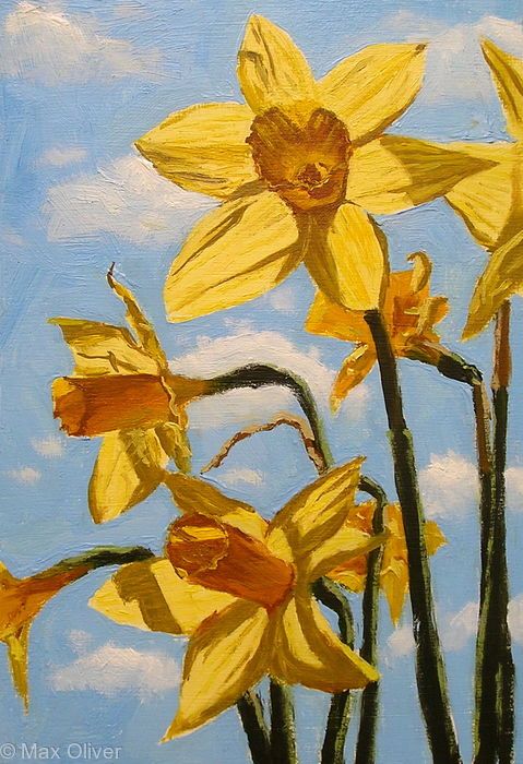 painting of yellow daffodils against a blue sky