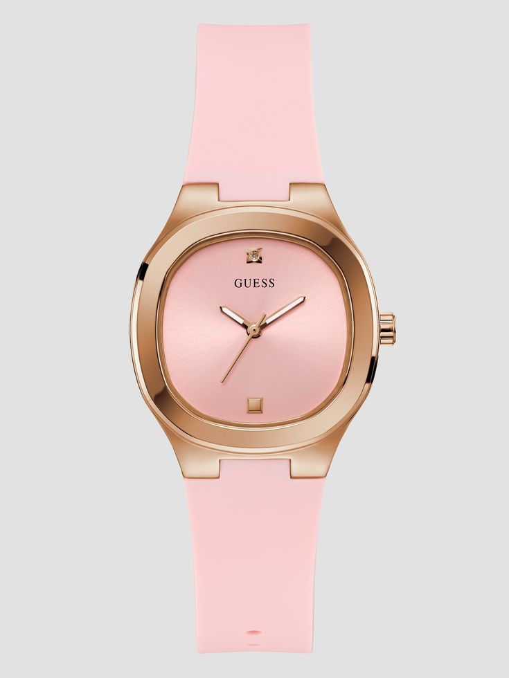 Pink analog watch Rose gold-tone case Minimalist dial Crystal accent Pink silicon strap Case diameter in mm: 38 Water resistant up to 50 m/ 160 ft 2 year limited warranty Modern Pink Watches With Diamond Hour Markers, Modern Pink Round Dial Watches, Modern Pink Analog Watch, Rose Gold Analog Watch Accessories With Rectangular Dial, Rose Gold Watch Accessories With Rectangular Dial, Watch Trends, Jeans Logo, Rose Gold Watches, Analog Watch