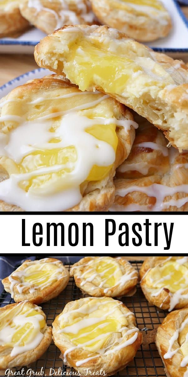 lemon pastry on a cooling rack with other pastries in the background and text overlay