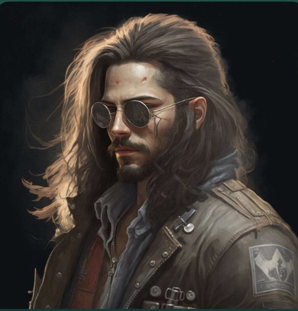 a painting of a man with long hair wearing sunglasses and a leather jacket, looking to the side