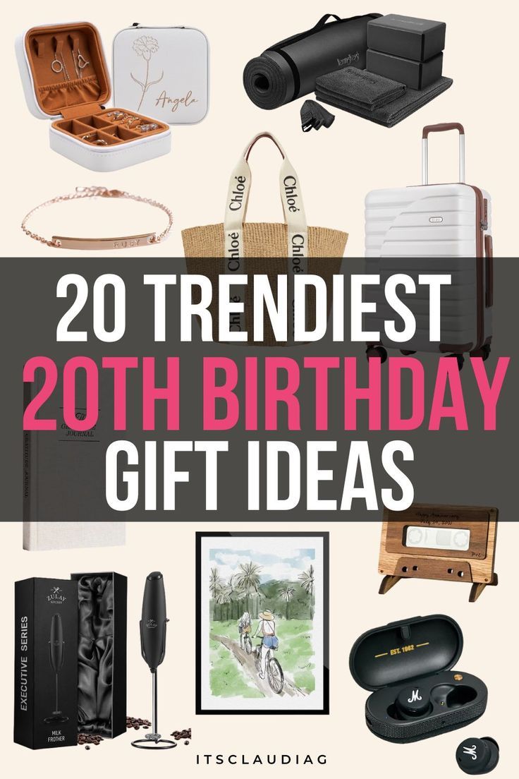 the words 20 trendest 20th birthday gift ideas are in front of an assortment of items