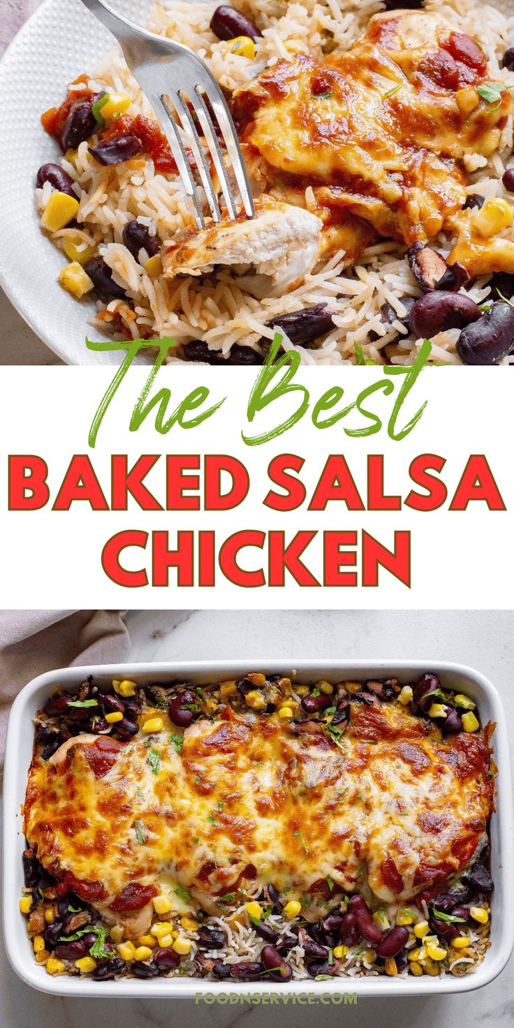 the best baked salsa chicken recipe is shown in this collage with text overlay