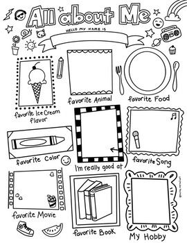 an all about me coloring page with pictures and words on it, including the name's