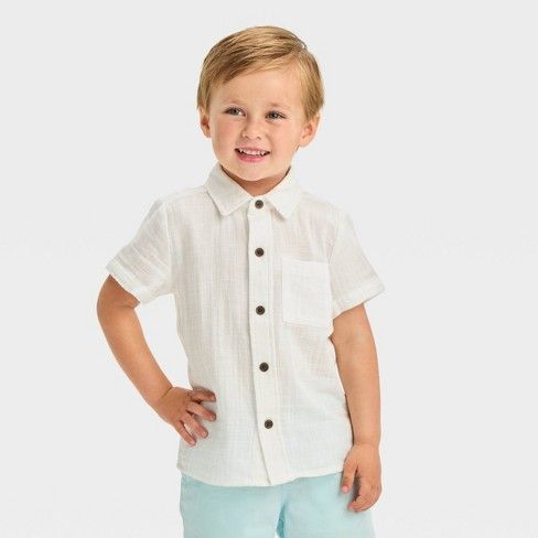 Toddler Boys' Short Sleeve Textured 'Button-Up' Shirt - Cat & Jack™ White 18M 2024 Family, Family Pics, Toddler Boy Outfits, Fabric Tape, Hem Style, Outfit Combinations, Chambray Shirt, Light Blue Denim, Family Session