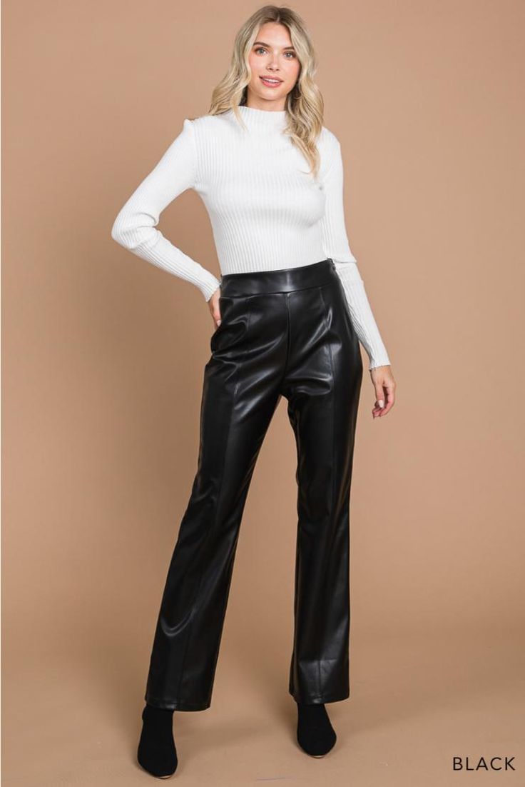 A glossy, smooth faux-leather finish elevates these straight-leg pants cut in a flawless silhouette that compliments every body type. • Faux Leather • Side Zipper• Front Seam Sleek Fitted Leather Pants For Business Casual, Stretch Bottoms With Straight Silhouette For Fall, Sleek Business Casual Fall Pants, Sleek Faux Leather Bottoms For Office, Sleek Leather Trousers For Fall, Elegant Solid Leather Straight Leg Pants, Sleek Leather Pants For Business Casual, Sleek Straight Leg Leather Pants For Formal Occasions, Sleek Faux Leather Office Bottoms