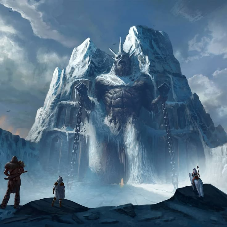 some people are standing in front of a giant ice mountain with snow on the ground