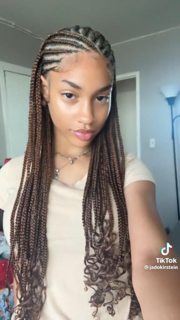 Cornrows Boho Braids For Black Women, Cute Braids For Mixed Women, Knotless Braided Ponytail, Beach Braids Black Women Summer, Straight Back Box Braids, Cornrows Extensions Braids, Cornrows Into Box Braids, Fulani Braids With Curled Ends, Cornrows With Leave Out