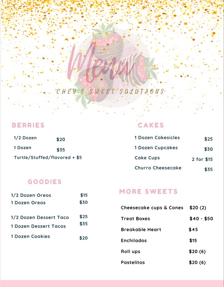 a menu for a birthday party with pink and gold sprinkles on it