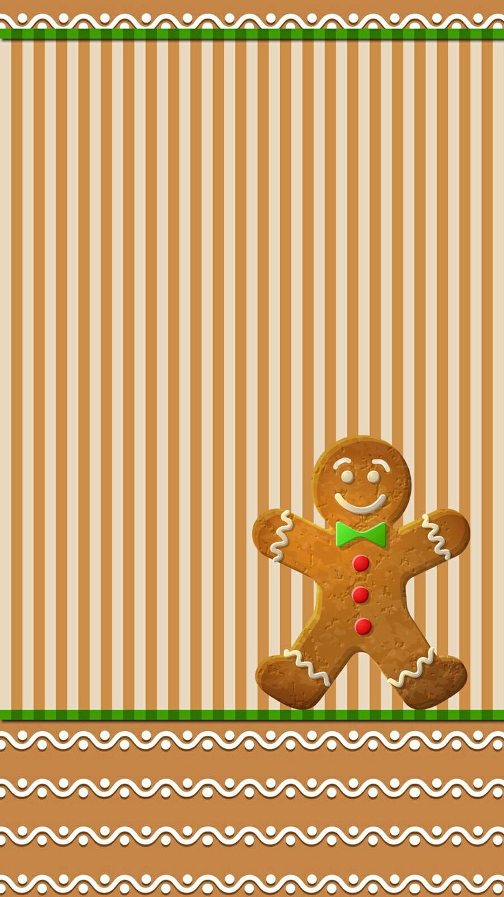 a gingerbread man with a green bow tie is standing in front of a striped background