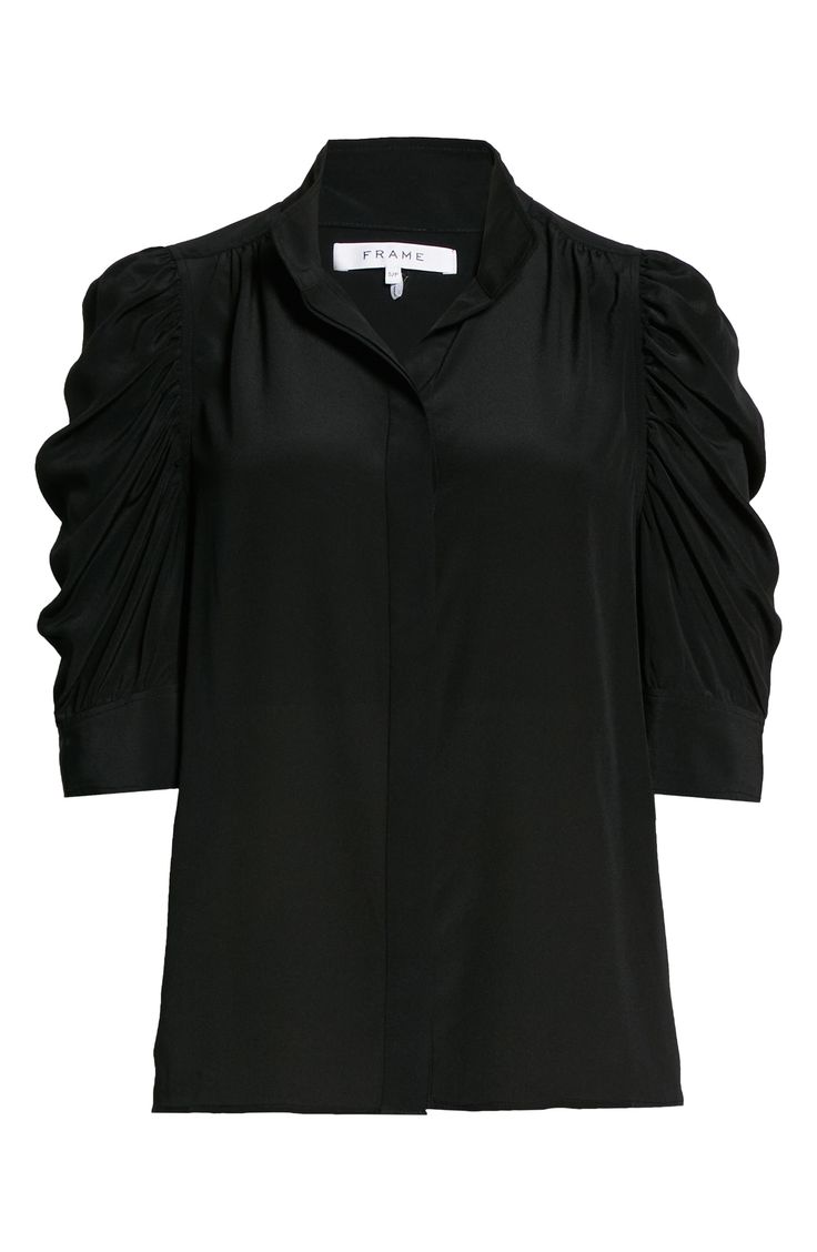 A stand collar makes a clean statement on a wear-with-anything silk blouse framed by gathered-shoulder puff sleeves. 25" length (size Medium) Hidden-button placket Stand collar Elbow-length sleeves with button cuffs 100% silk Dry clean Imported Women's Clothing Black Fitted Puff Sleeve Blouse, Black Silk Top With Button Cuffs, Madewell Leather Jacket, Luxury Black Blouse With Fold-down Collar, Black Silk Top With Button Closure, Utility Jacket Outfit, Black Relaxed Fit Blouse With 3/4 Sleeve, So Susie, Black Silk Top