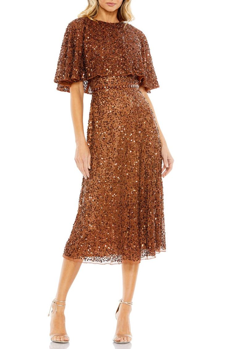 Copper Cocktail Dress, Short Semi Formal Dresses, Enchanting Dress, Sequin Cape, High Neck Midi Dress, Semi Formal Dress, Cocktail Attire, Cape Sleeves, Mac Duggal