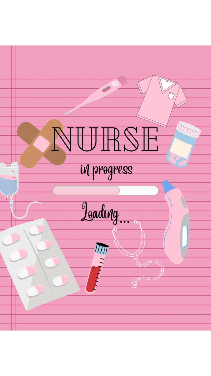 a pink background with the words nurse in progress and various medical items on top of it