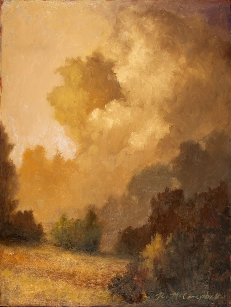 an oil painting of trees and clouds in the sky with yellow, orange, and brown colors