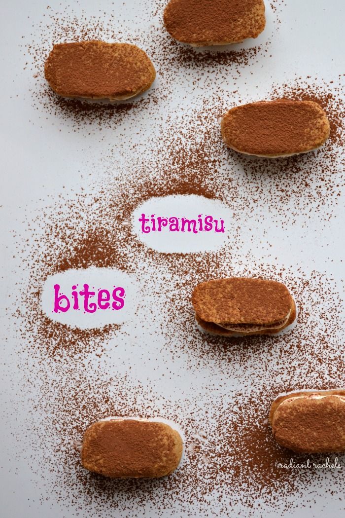 there are six biscuits with different types of powdered sugar on them and the words tiramu bites written in pink