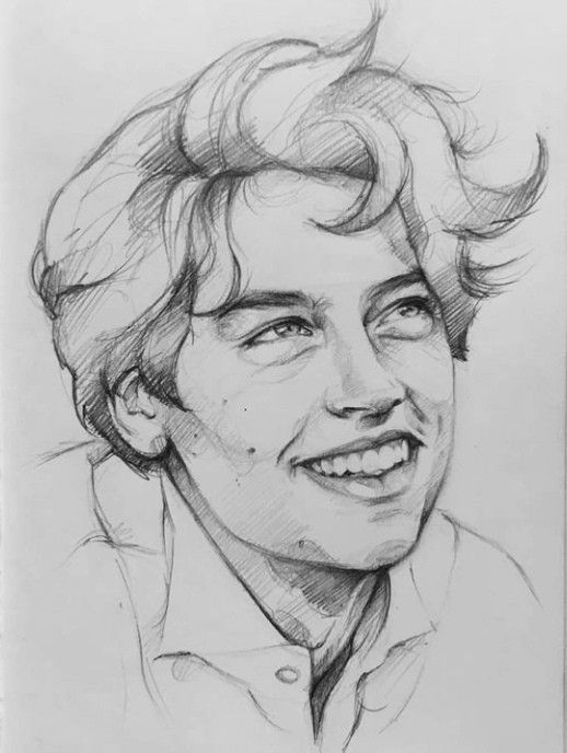 a black and white drawing of a man with curly hair smiling at the camera while wearing a button up shirt