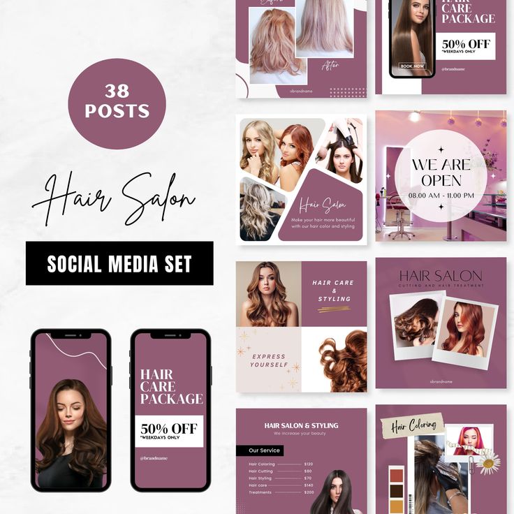 the hair salon social media set is displayed in purple and white colors, with images of women's hair