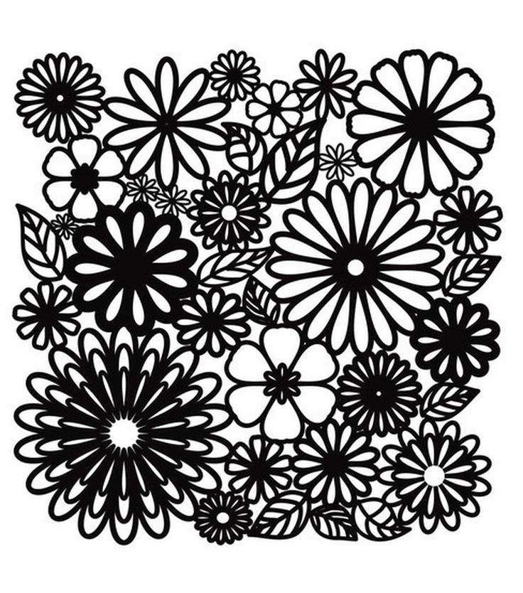 a black and white drawing of flowers with leaves on the bottom, surrounded by smaller ones