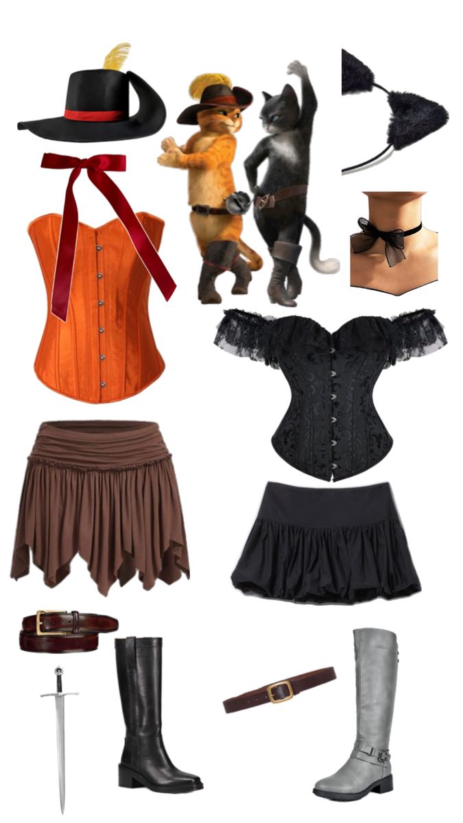 an assortment of costumes and accessories for women