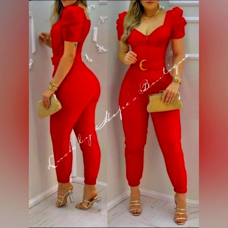 Stretch Polyester Red Fitted V-neck Jumpsuit, Red Trendy Jumpsuits And Rompers For Party, Trendy Red Jumpsuits And Rompers For Party, Trendy Red Jumpsuit For Party, Red Trendy Party Jumpsuits And Rompers, Red Fitted V-neck Jumpsuits And Rompers, Red V-neck Fitted Jumpsuit, Casual Fitted Jumpsuits And Rompers For Party, Chic Red Short Sleeve Jumpsuits And Rompers