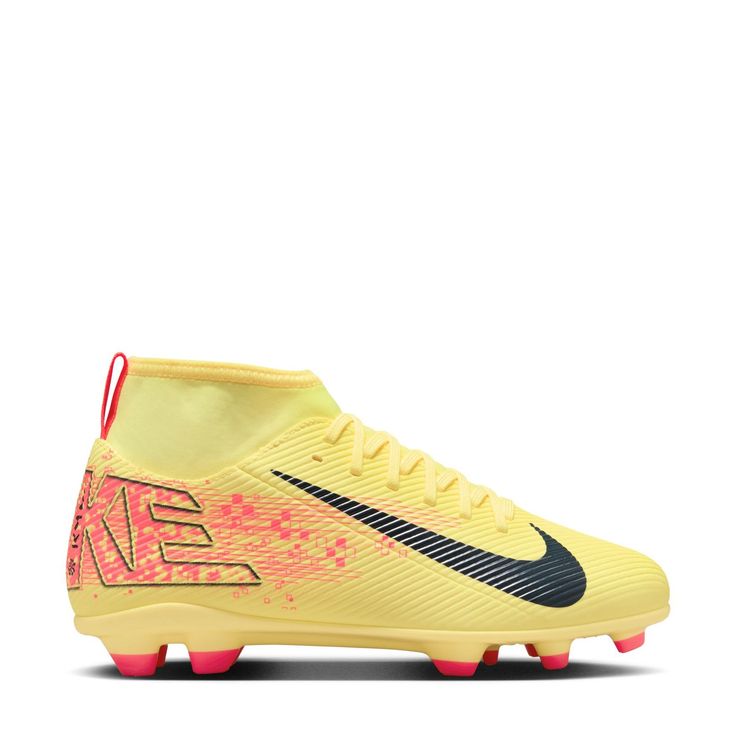 the nike superfly fg soccer shoe is shown in yellow and black with pink accents