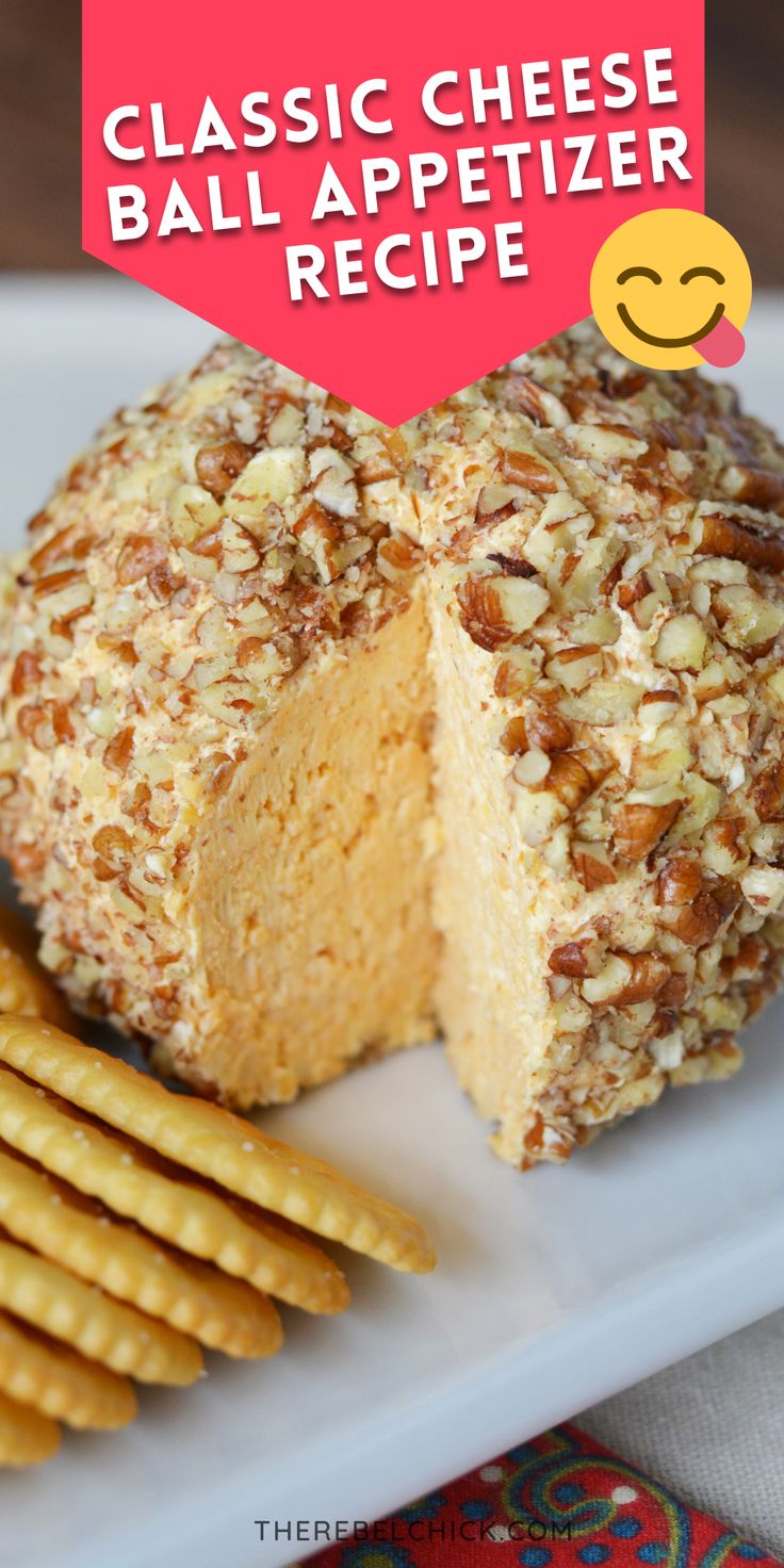 a cheese ball appetizer on a plate with crackers