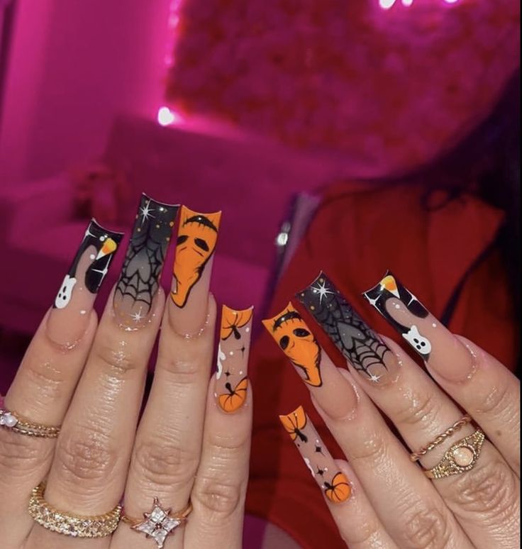 Orange Duck Nails, Square Nail Tips, Orange Duck, Almond Acrylic Nails Designs, Orange Acrylic Nails, Curved Nails, Square Nail, Halloween Acrylic Nails, Cute Halloween Nails