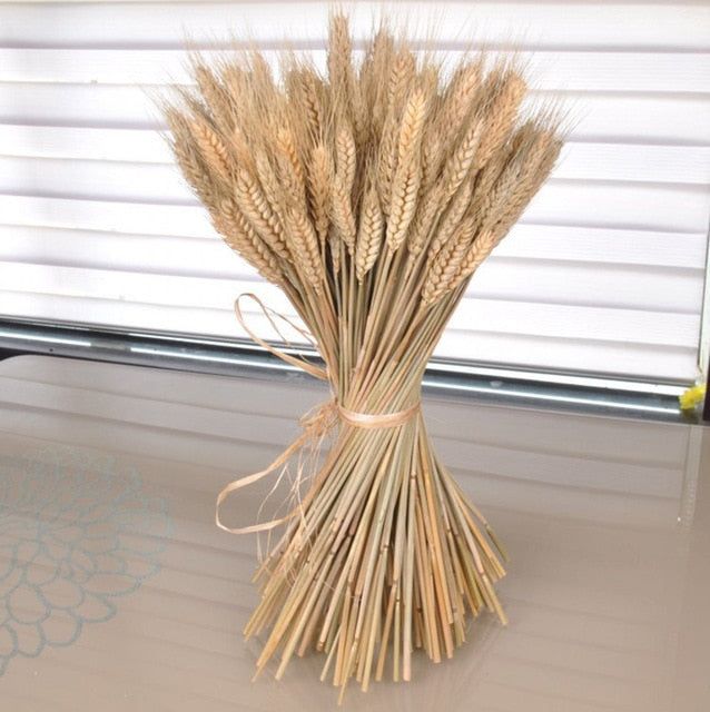 a bunch of dried wheat sitting on top of a table next to a window sill