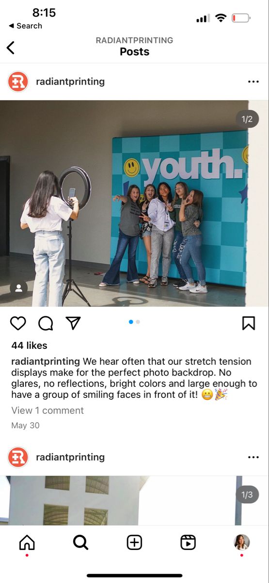 two screenshots of people taking pictures in front of a booth with the word youth on it