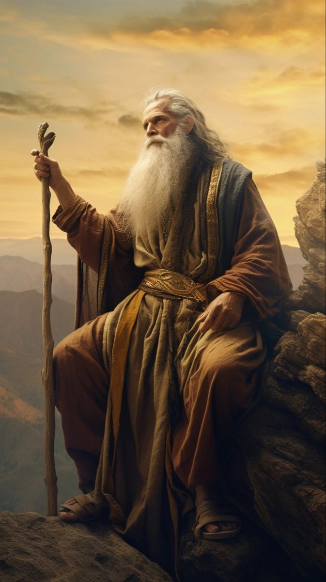 an old man sitting on top of a mountain holding a stick and wearing a long white beard