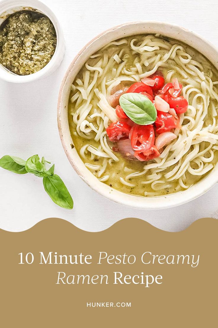 a bowl of pasta with pesto creamy on top next to two bowls of pesto