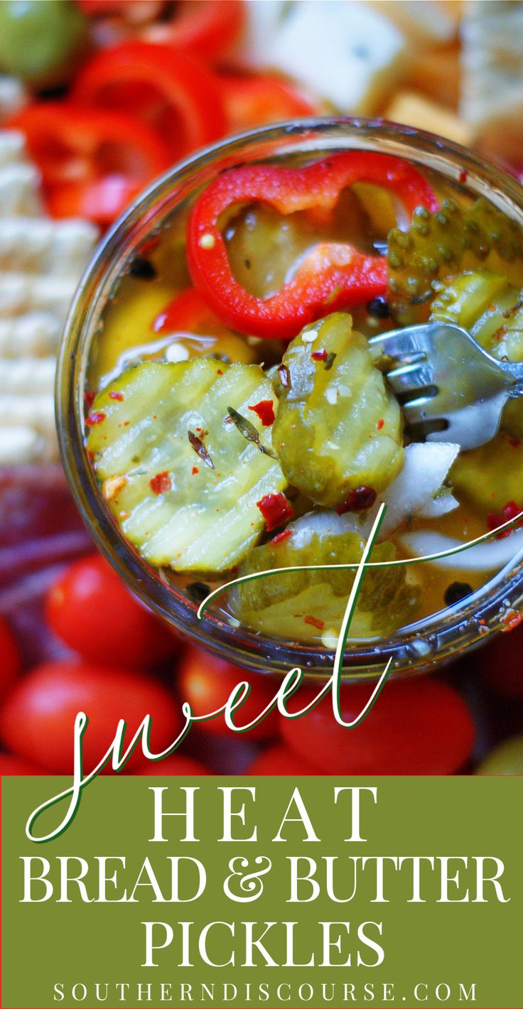 a bowl filled with sliced up vegetables and the words sweet heat bread and butter pickles