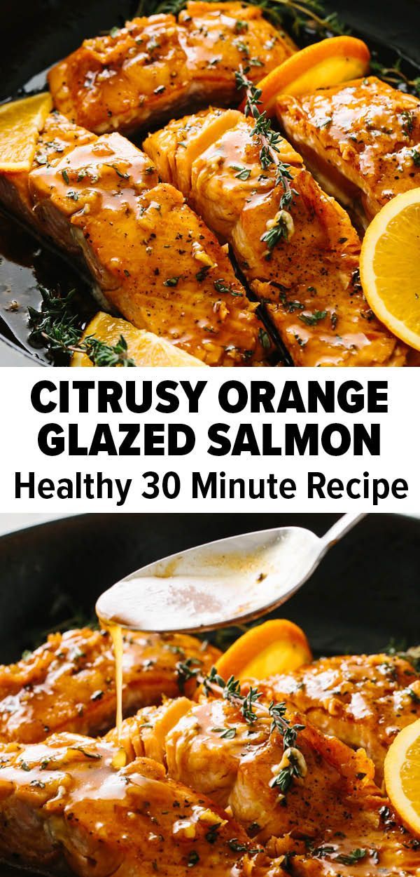 orange glazed salmon in a cast iron skillet