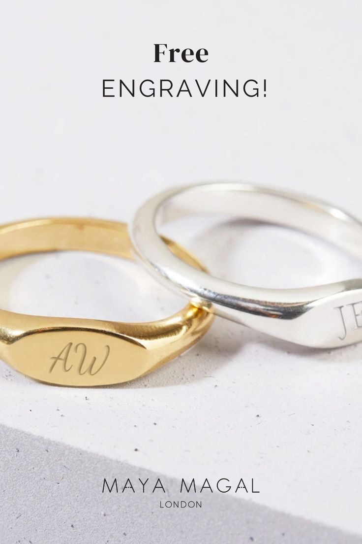 handmade engraved signet rings in silver and gold engraved with initial by London jewellery brand Maya Magal Couple Rings Silver, African Bangles, Engraved Silver Ring, Rings In Silver, Couple Ring Design, Christmas Jewellery, One Friend, Couple Wedding Rings, Rings Handmade