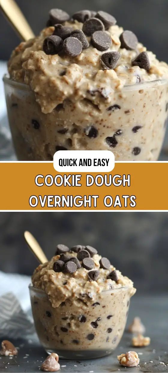 cookie dough overnight oats in a glass bowl with chocolate chips on top and text overlay that reads quick and easy cookie dough overnight oats