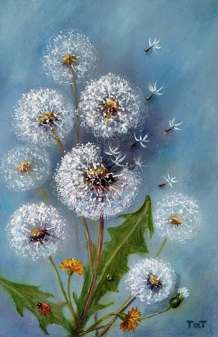 a painting of dandelions and bees on a blue background with white flowers in the foreground