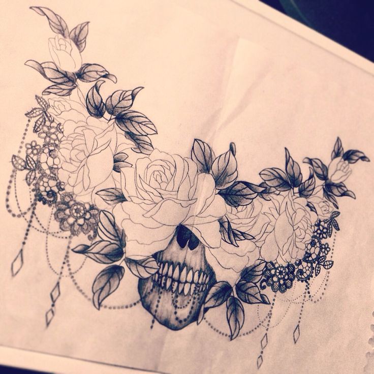 a drawing of a skull with flowers on it