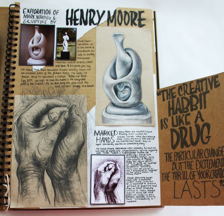 an open book with drawings and text on the pages, next to it is a spiral notebook