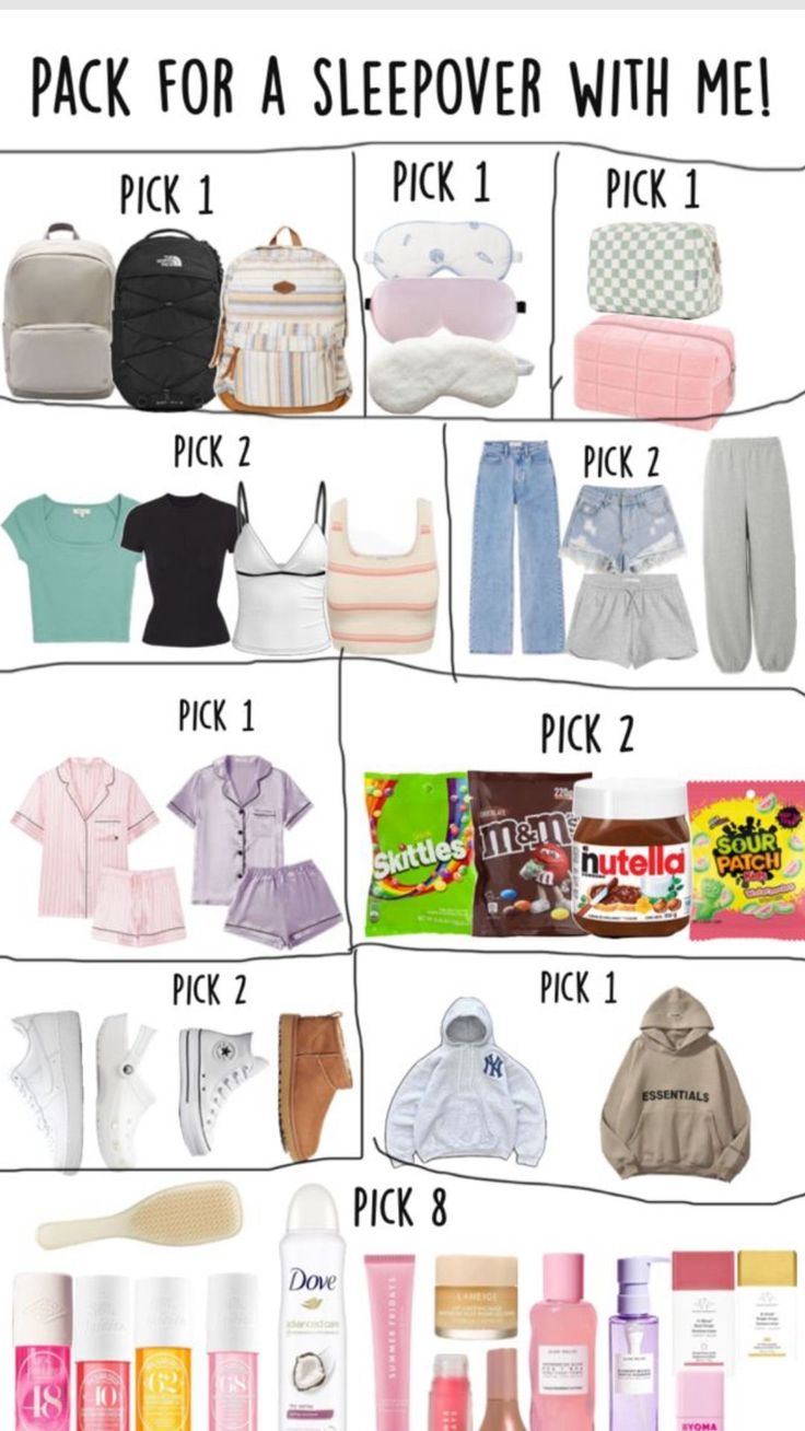 the packing guide for a sleepover with me is shown in this graphic above it