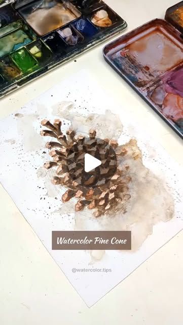 some watercolor pine cones are sitting on the table