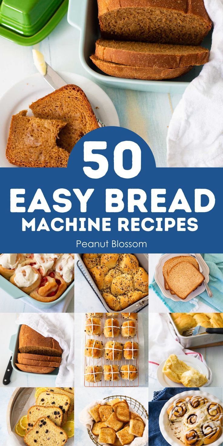 the cover of 50 easy bread machine recipes, with pictures of different types of bread