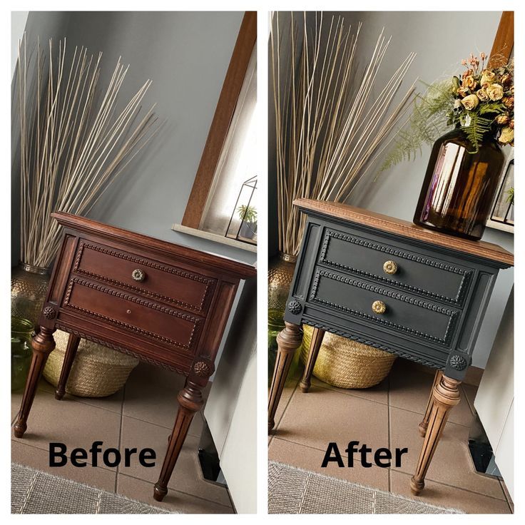 before and after photos of an old dresser turned into a side table with brass knobs