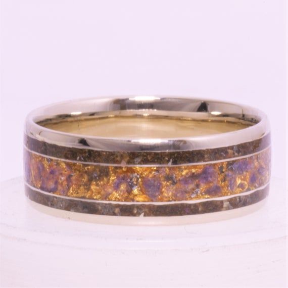 If you need your ring before the normal 4 week lead time I have rush options available: https://www.etsy.com/listing/718766382This beautiful ring is crafted out of a solid piece of 14k White Gold. The inlay is first coated with bright 24k gold creating the unique accented look, then it is packed with brilliant raw sapphire gemstones that have been hand selected to ensure every single piece of deep blue gemstone going into the ring has the best color and size for the inlay. The rest of the inlay Unique Multi-stone Opal Ring In Gold, Unique Gold Opal Ring With Multi-stone, Yellow Gold Inlay Jewelry For Anniversary, Collectible Gold Opal Ring With Gemstone, Collectible Gold Opal Gemstone Ring, Luxury Inlay Rings For Anniversary, Yellow Gold Rings With Inlay, Elegant Gold Rings With Inlay, Luxury Gold Jewelry With Inlay