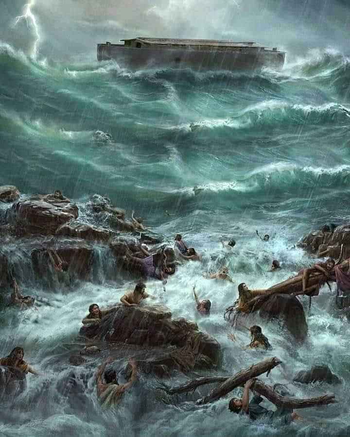 a painting of people swimming in the ocean next to a large ship that is sinking