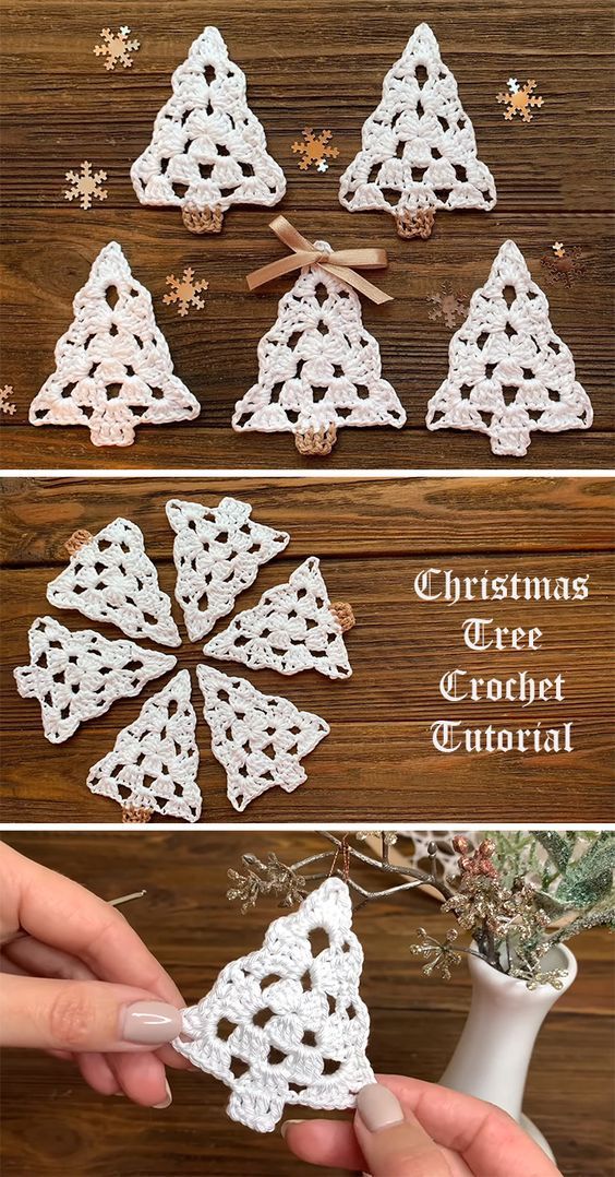 crochet christmas tree ornament is shown with instructions to make the pattern